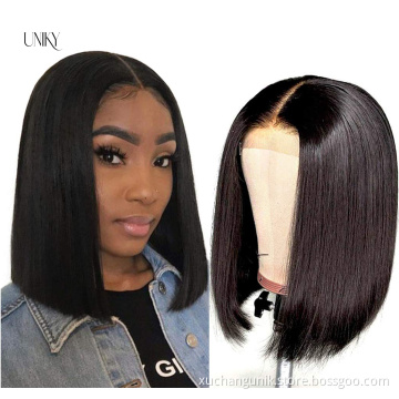 Uniky human hair bob wigs 1B# color pre plucked hair line 4*4 silky straight wave bob lace front wig for black women